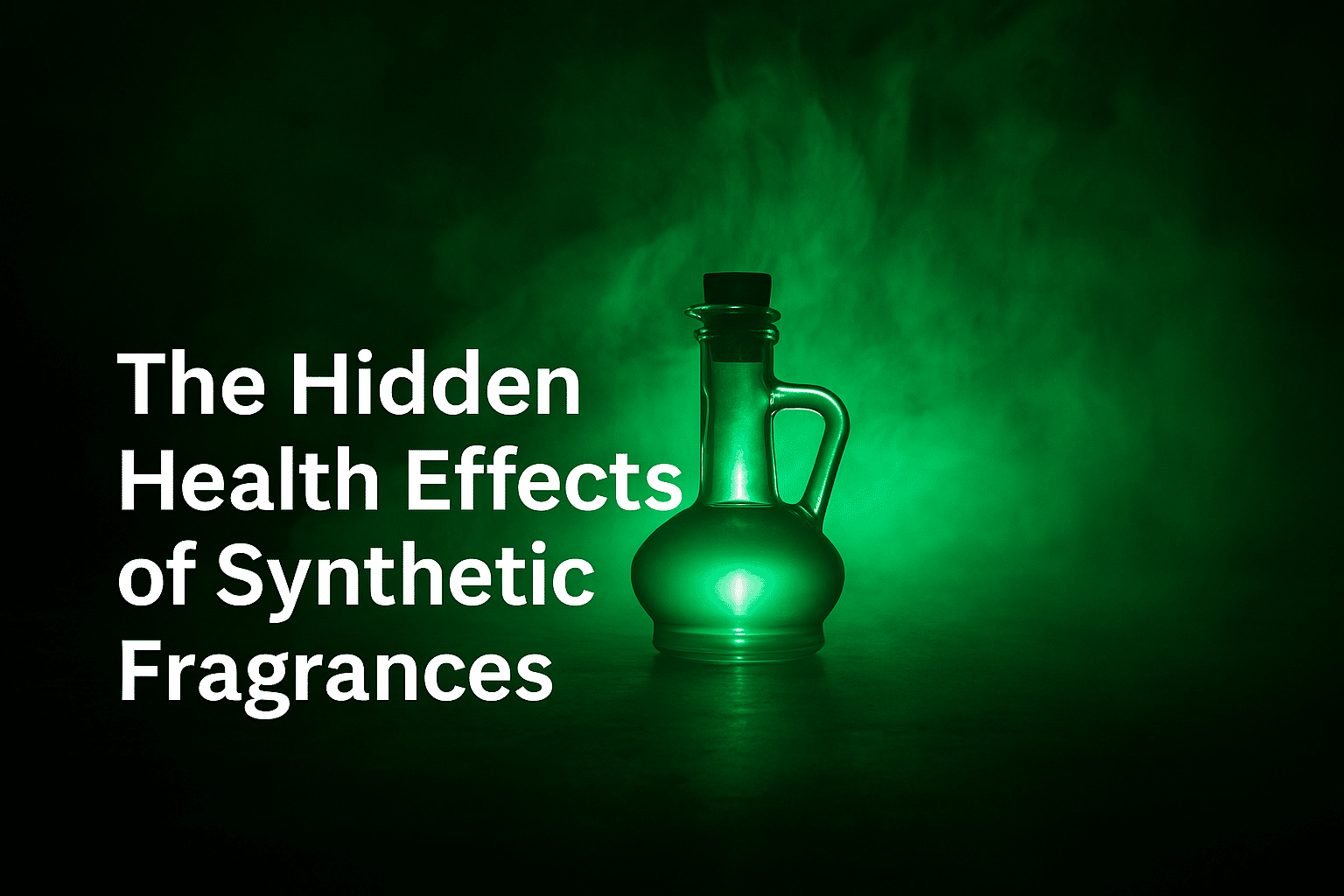 Glass perfume bottle glowing with green mist and light, representing synthetic fragrance health effects and hidden chemical risks.